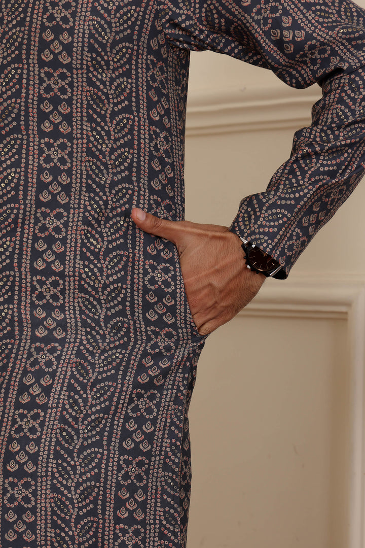 Traditional navy blue modal silk kurta pajama set for men with embroidery
