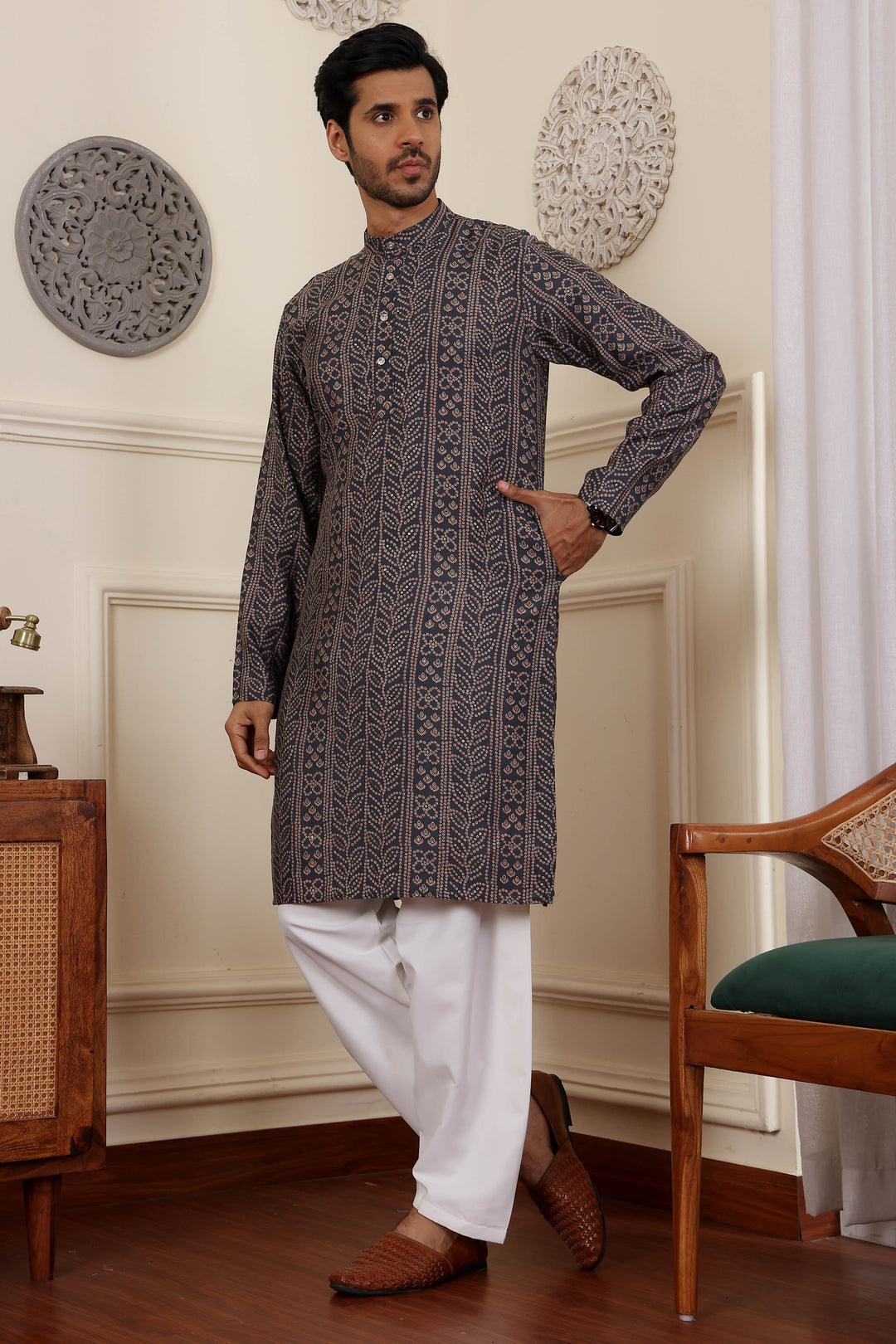 Navy blue kurta pajama set for men, perfect for weddings and celebrations
