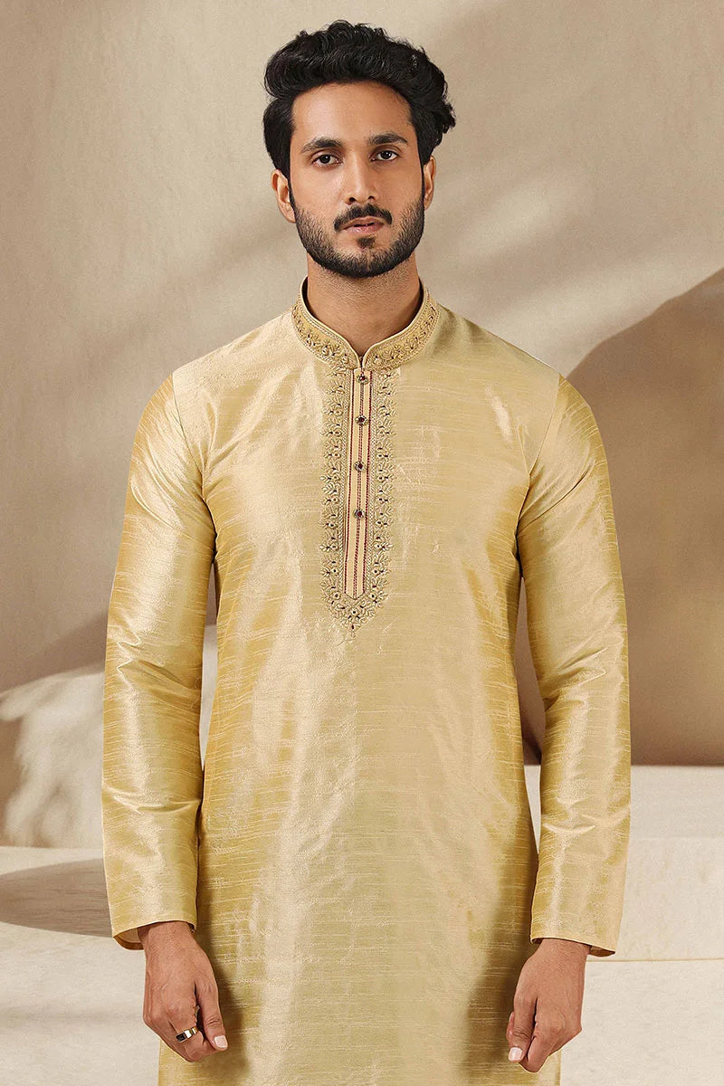 Gold Traditional Kurta Pajama | Banarasi Silk Mirror Work Ethnic Wear