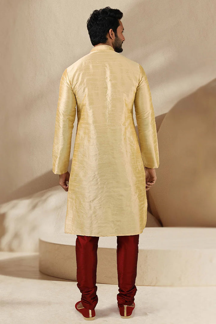 Gold Traditional Kurta Pajama | Banarasi Silk Mirror Work Ethnic Wear