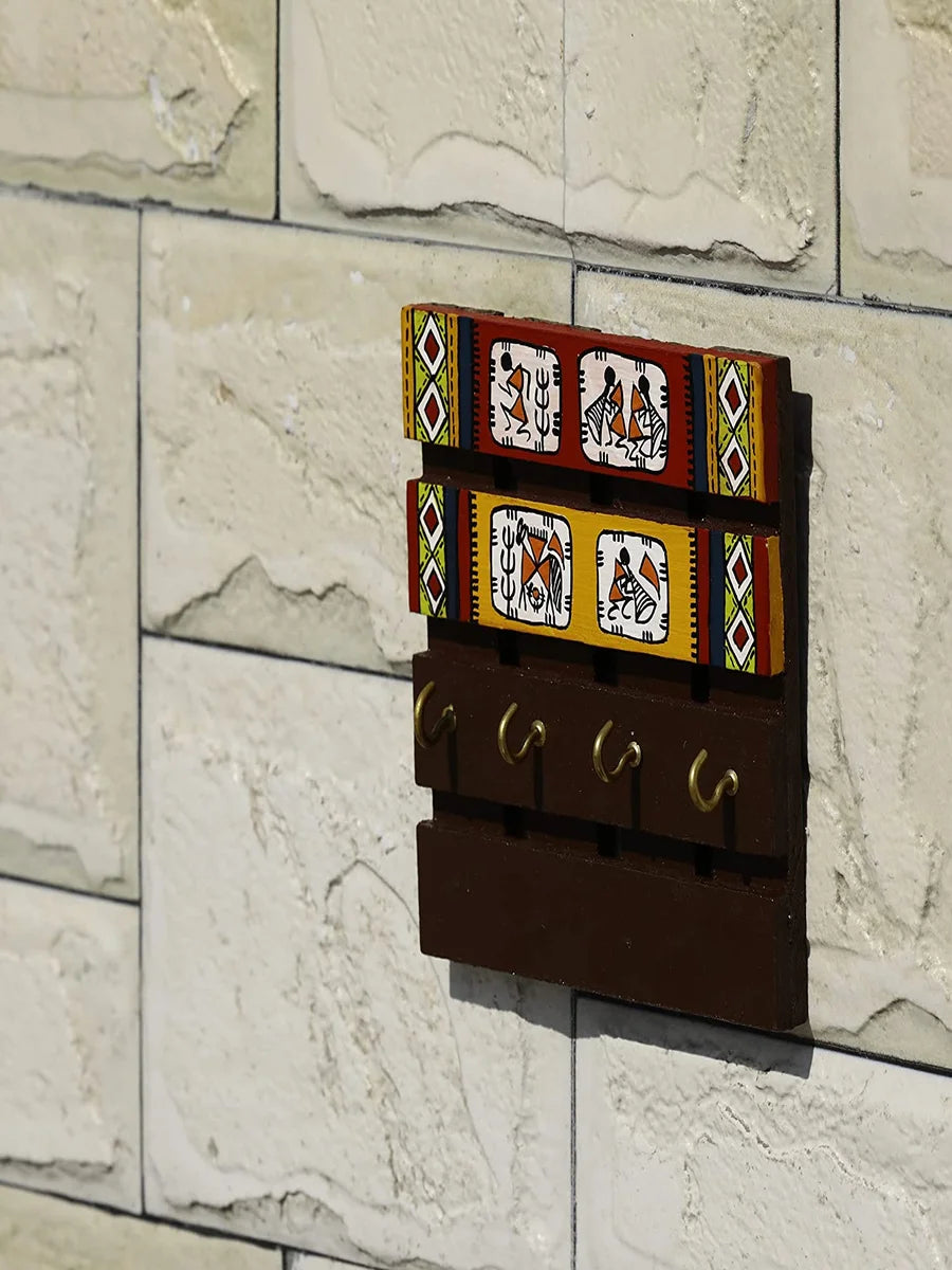 Recycled Wood Wall Decor | Hand-Painted Key Holder with Brass Accents