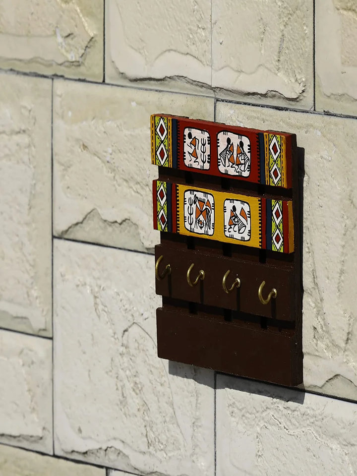 Recycled Wood Wall Decor | Hand-Painted Key Holder with Brass Accents