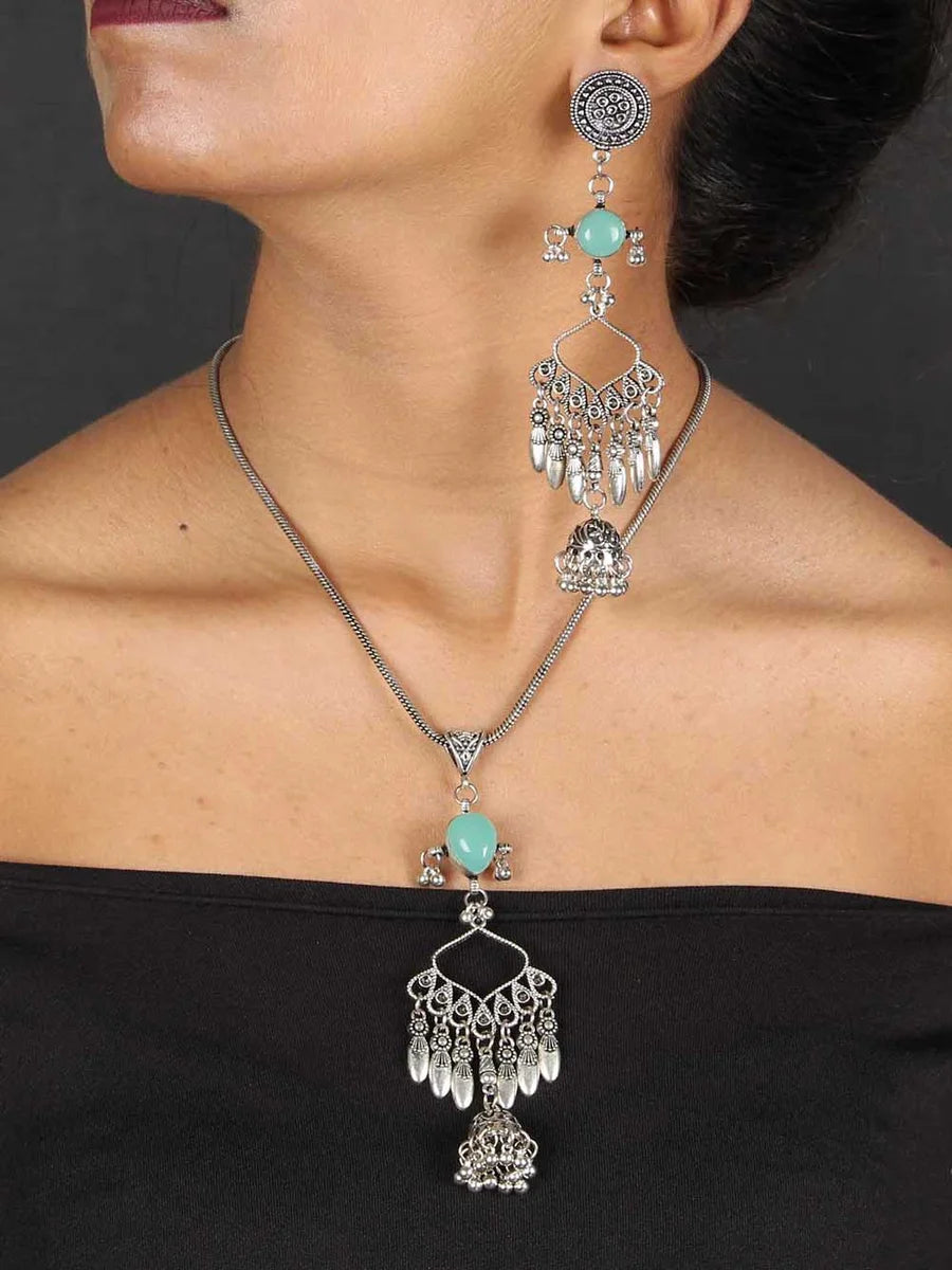 Oxidized Boho Statement Necklace with Earrings | Unique Artisan Jewelry