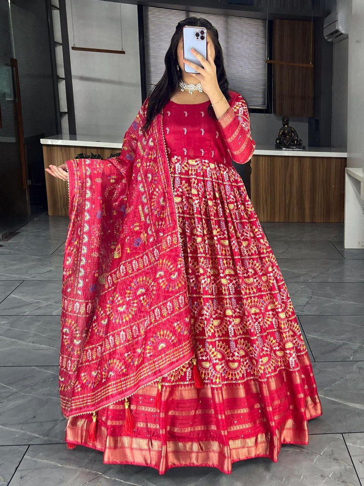 Charming Red Zari Weaving Cotton Silk Traditional Gown With Dupatta
