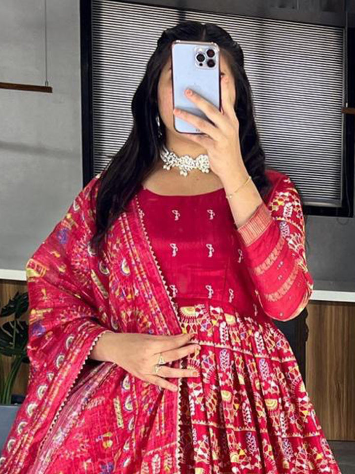 Charming Red Zari Weaving Cotton Silk Traditional Gown With Dupatta