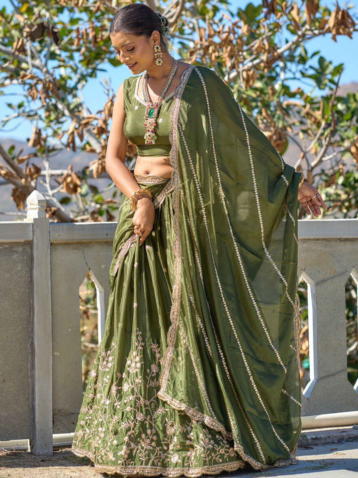 Glorious Olive Green Sequins Chinon Mehendi Wear Lehenga Choli