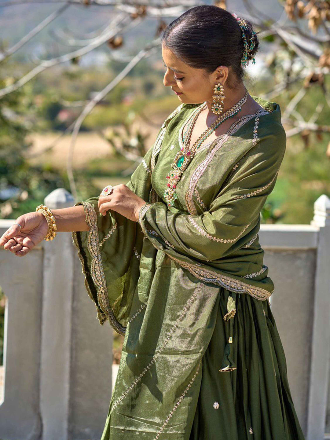 Glorious Olive Green Sequins Chinon Mehendi Wear Lehenga Choli