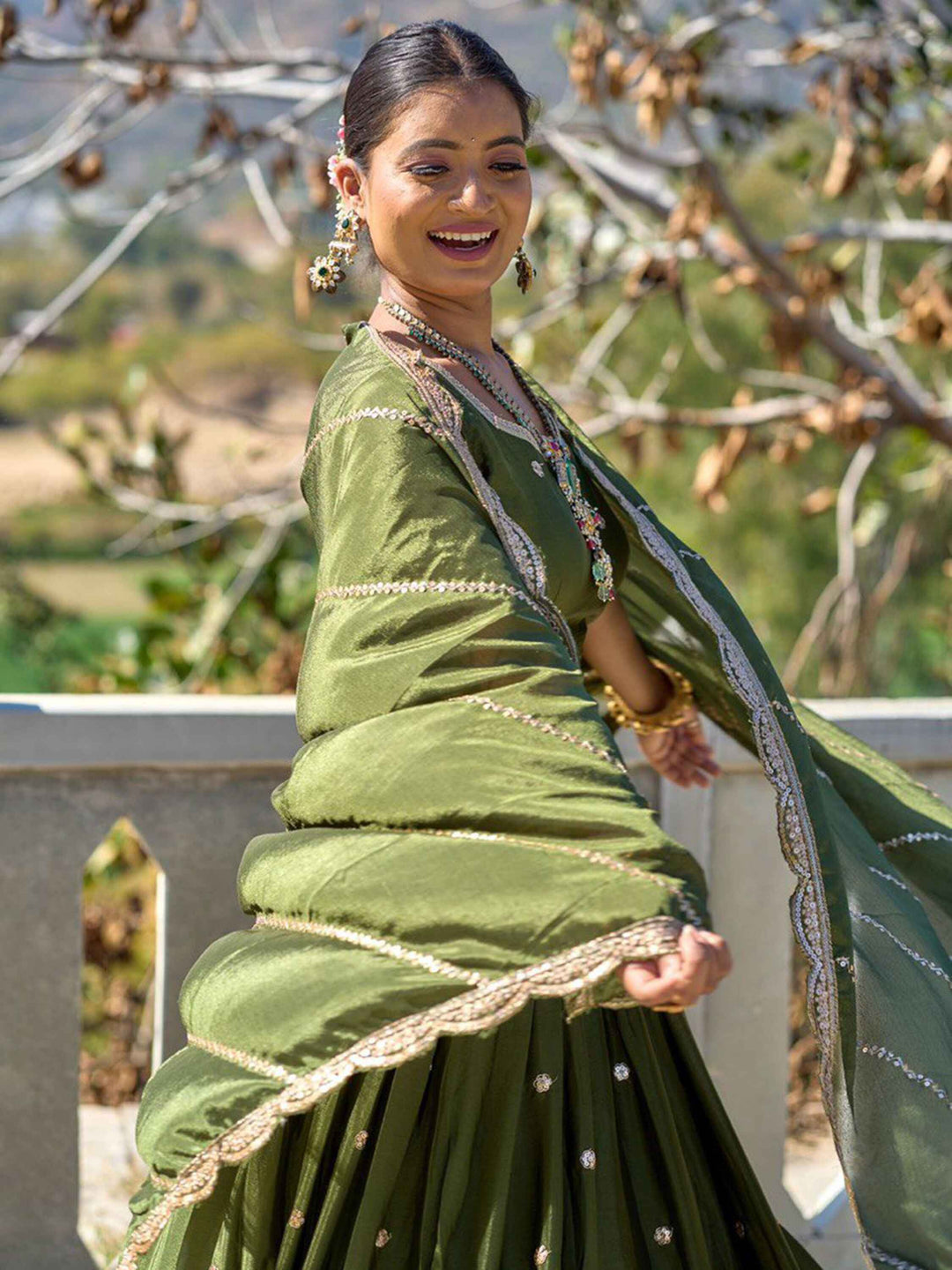 Glorious Olive Green Sequins Chinon Mehendi Wear Lehenga Choli