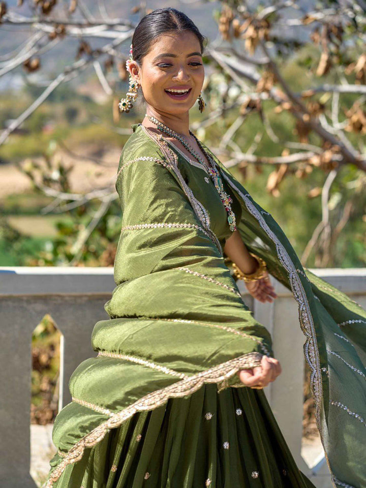 Glorious Olive Green Sequins Chinon Mehendi Wear Lehenga Choli