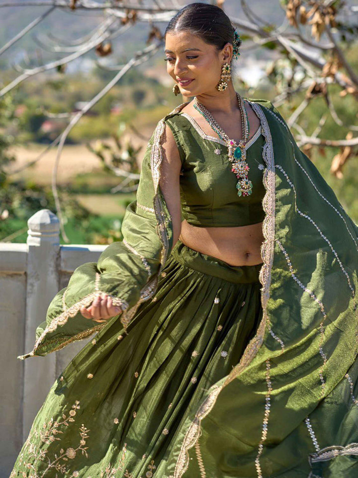 Glorious Olive Green Sequins Chinon Mehendi Wear Lehenga Choli