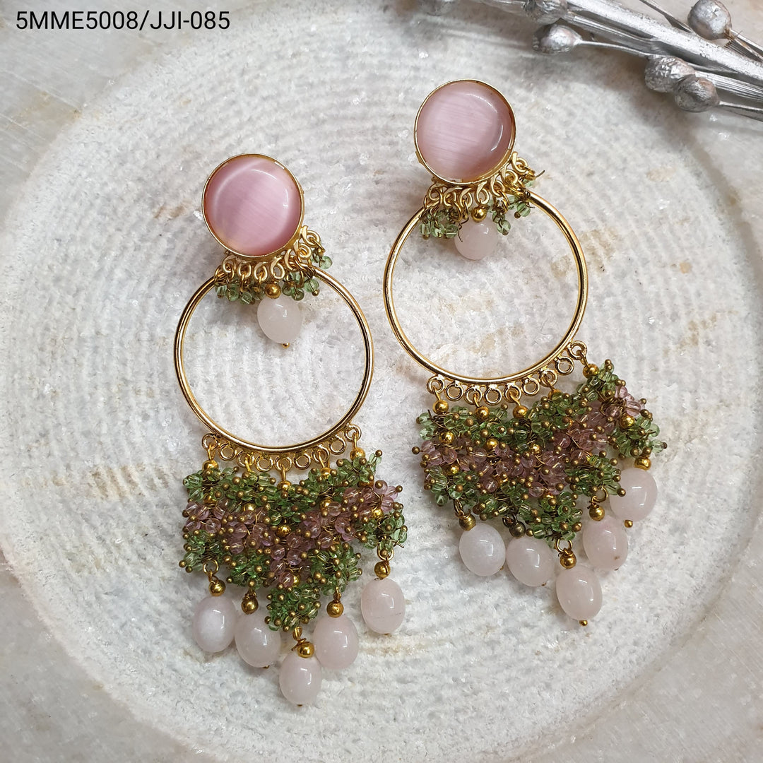 Rose Quartz and | Green Beaded Hoop Earrings Luxury Wear