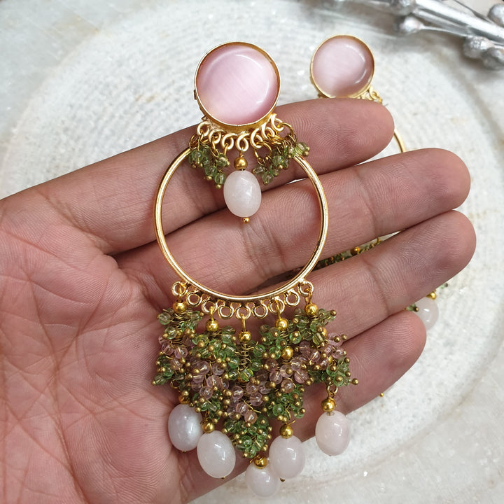 Rose Quartz and | Green Beaded Hoop Earrings Luxury Wear