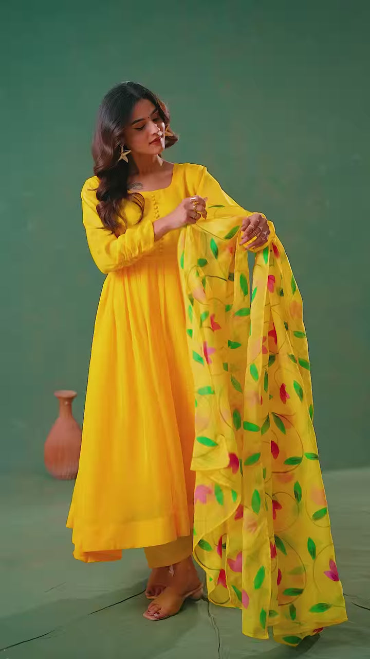 Yellow Viscose Organza Salwar Suit | Cotton Bottom & Designer Hand Prints