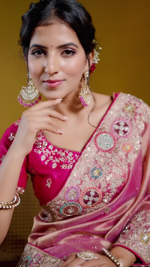 Designer Dark Peach Saree | Zari Organza Silk Elegant Wedding Wear