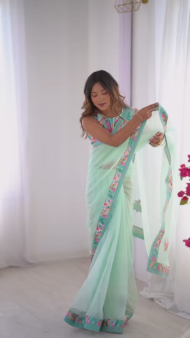 Sea Green Twill Net Designer Saree with Swarovski Work Blouse