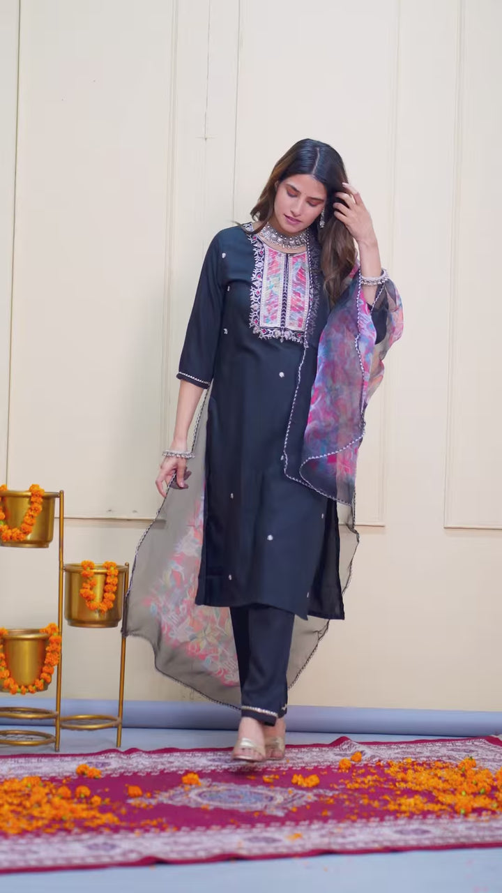 Black Rayon Slub Salwar Suit | Designer Embroidered & Organza Dupatta