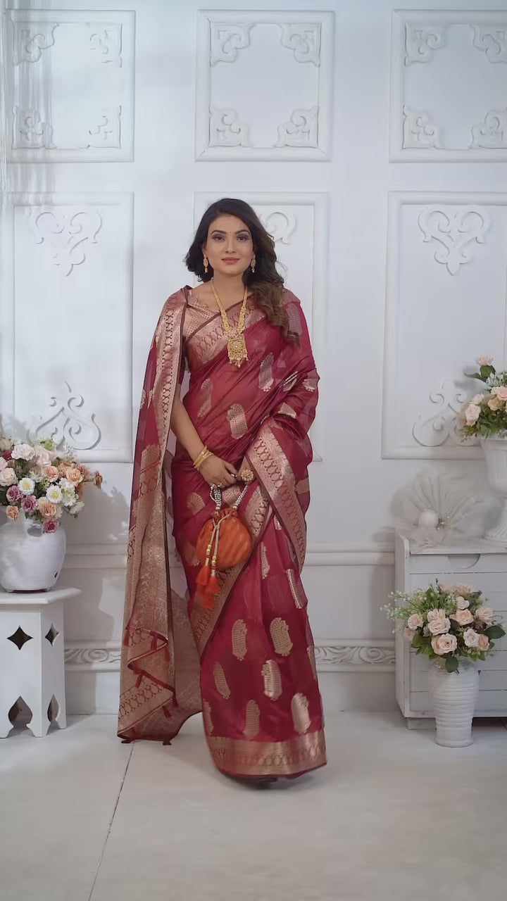 Luxurious Organza Saree | Wevon Gold Jari Embellished for Royal Look