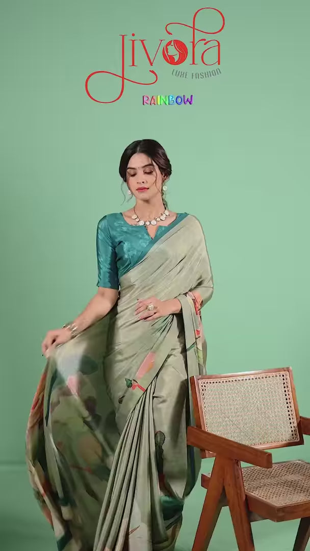 Graceful Dusty Green Soft Crepe Saree with Digital Print