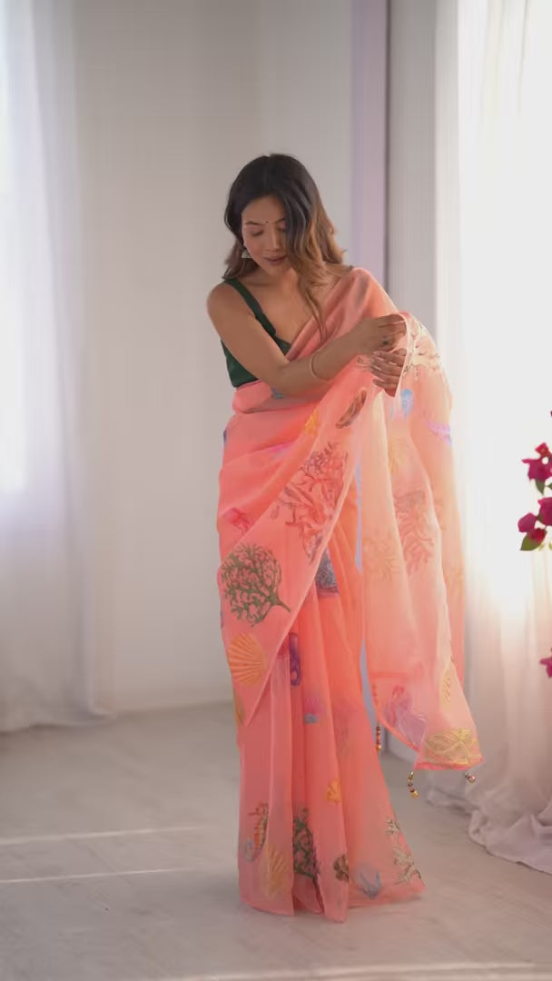 Peach Fancy Saree with Designer Art Silk Blouse for Women