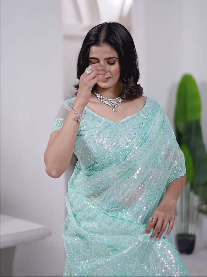 Tissue Net Saree | Designer Multi-Thread & Sequins Cut Work Embroidery
