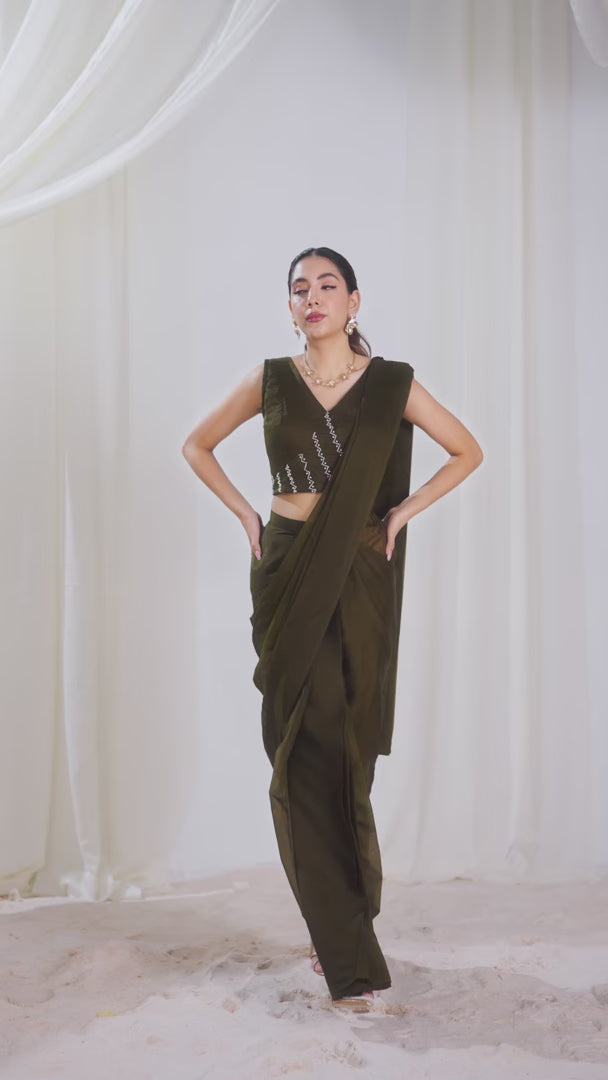Premium Organza Saree | Olive Shade with Graceful Hand Embroidery
