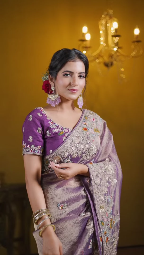 Light Purple Saree | Banarasi Crush with Heavy Embroidery & Khatli Work