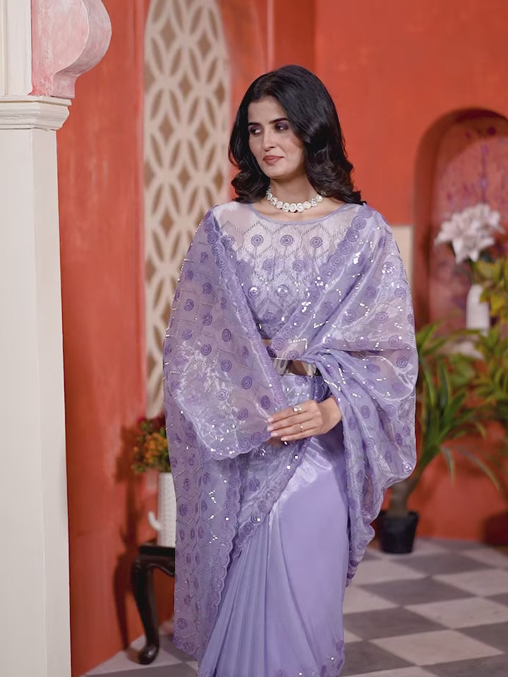 Designer Tissue Net Saree | Pite Embroidery & Sequins Festive Look