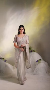 Buy Luxurious Cream Satin Silk Saree with Moti & Sequins Details
