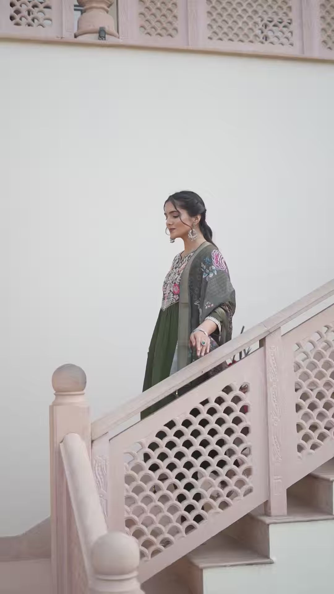 Elegant Mehendi Cotton Silk Suit | Floral Printed Dupatta & Embroidery