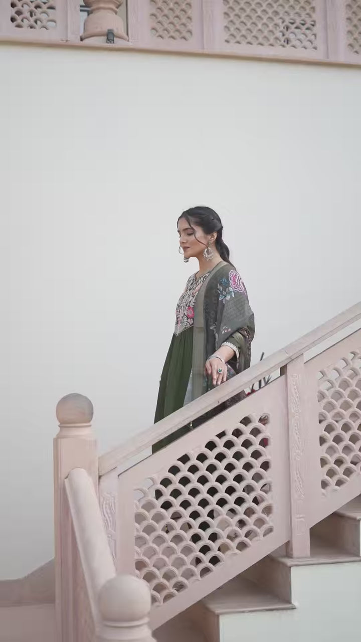 Elegant Mehendi Cotton Silk Suit | Floral Printed Dupatta & Embroidery