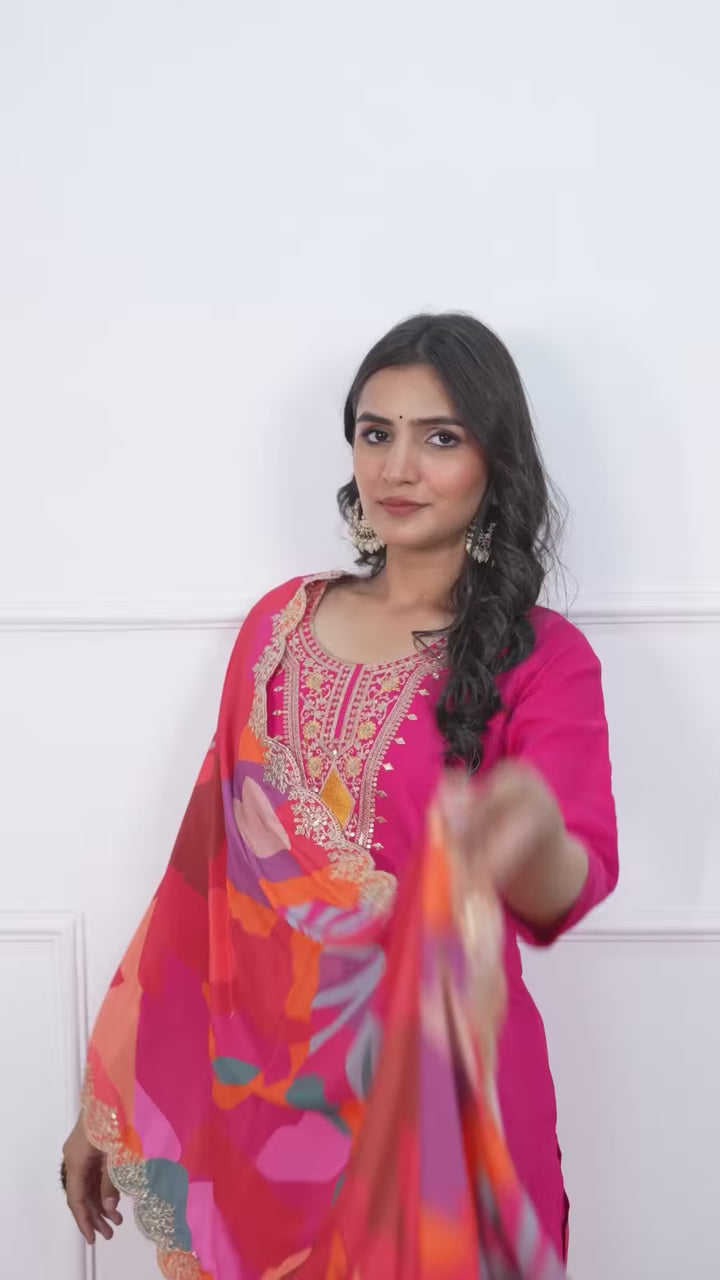 Stylish Rani Pink Silk Viscose Top Featuring Silk Viscose Bottom | Completed with a Gorgeous Crepe