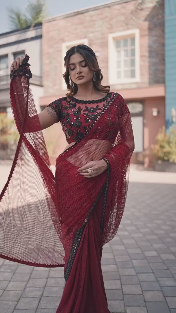 Opulent Grand Armani Tulle Red Saree