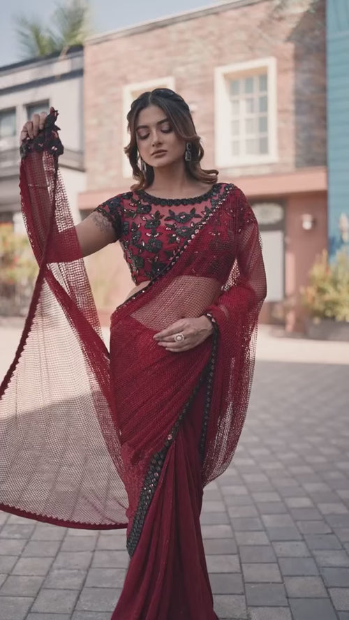 Opulent Grand Armani Tulle Red Saree