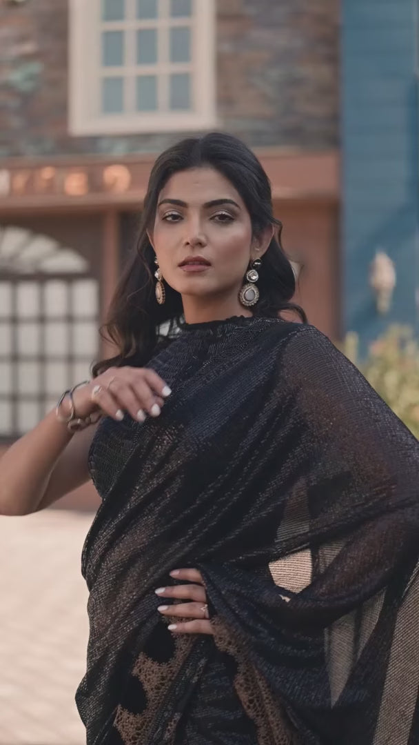 Buy Handwoven Artisanal Gucci Velvet Black Saree
