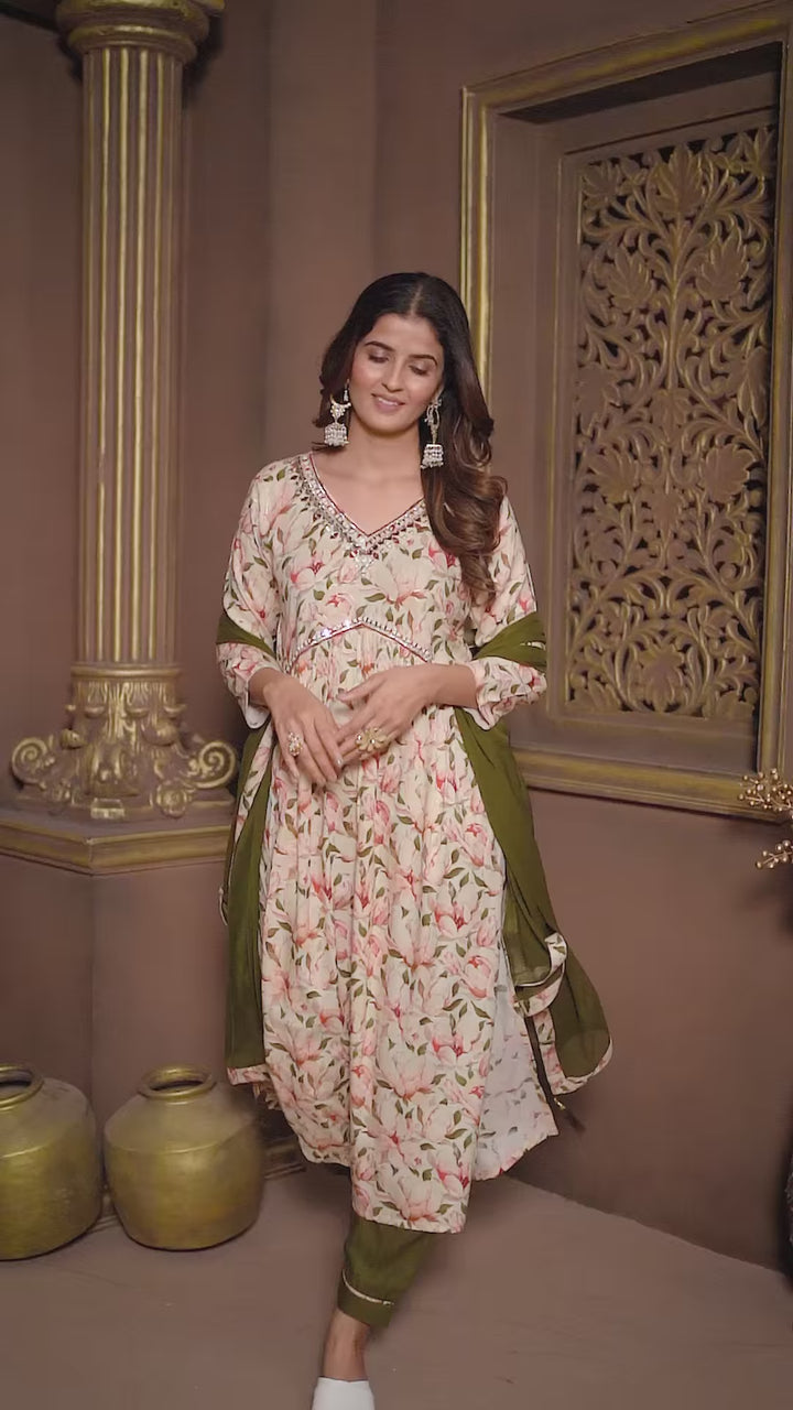 Floral Printed Cream Rayon Straight Pant Suit | Handwork V-Neck Kurti