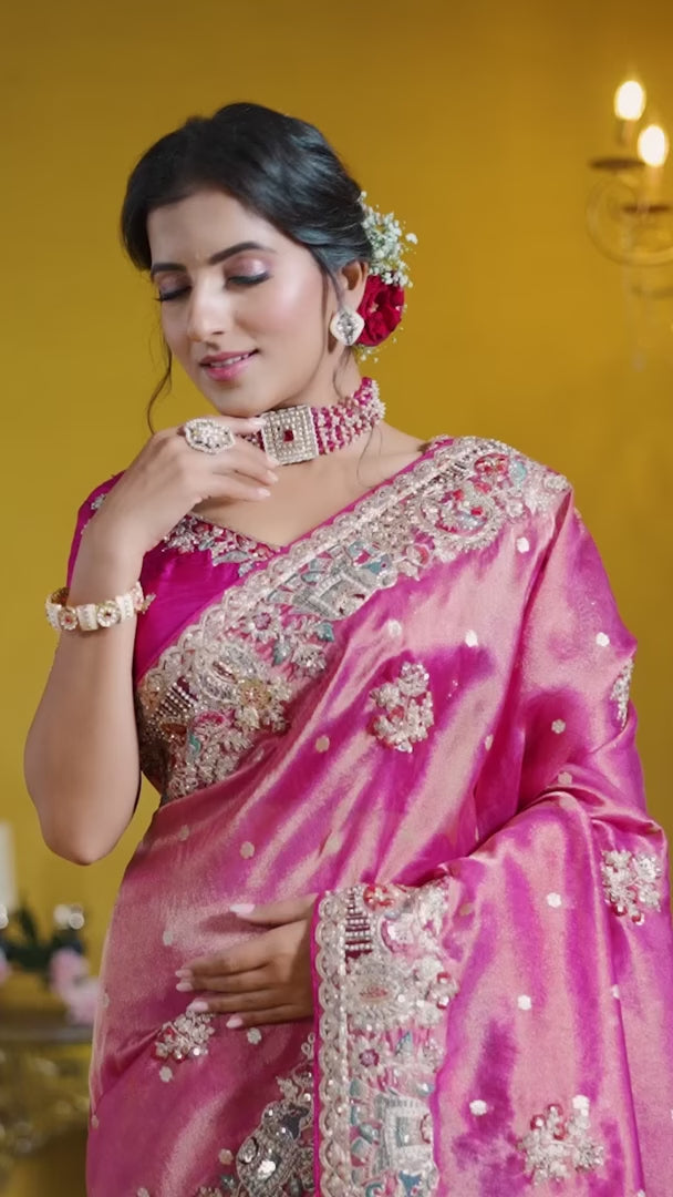 Bright Pink Saree Organza Silk & Viscose Satin | Embroidered Wedding  Wear