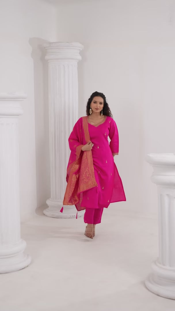 Festive Wear Embroidered Viscose Chanderi Suit Set with Jacquard Dupatta