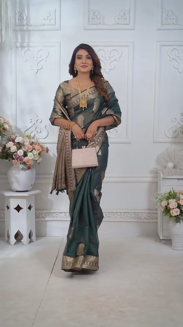 Luxurious Organza Saree | Wevon Gold Jari Embellished for Royal Look
