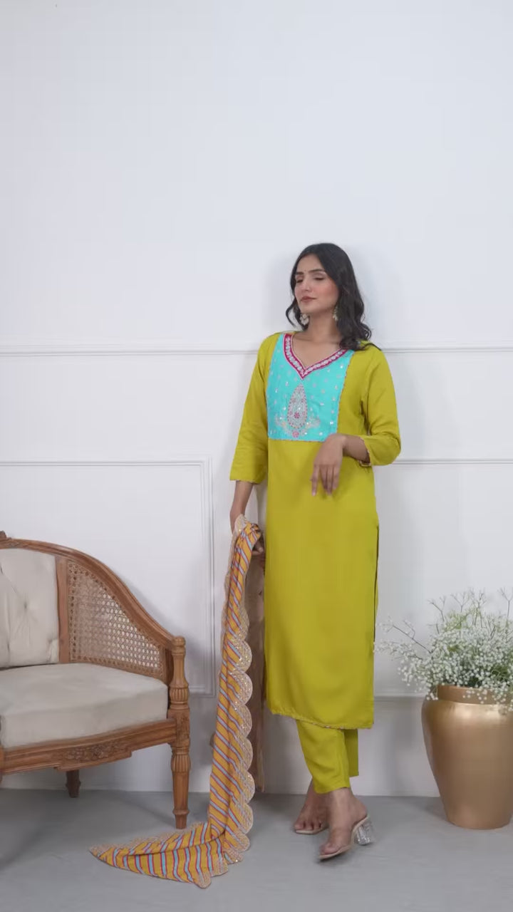 Chic Yellow Viscoce  and Viscose  Combination | Accentuated by a Viscose Dupatta