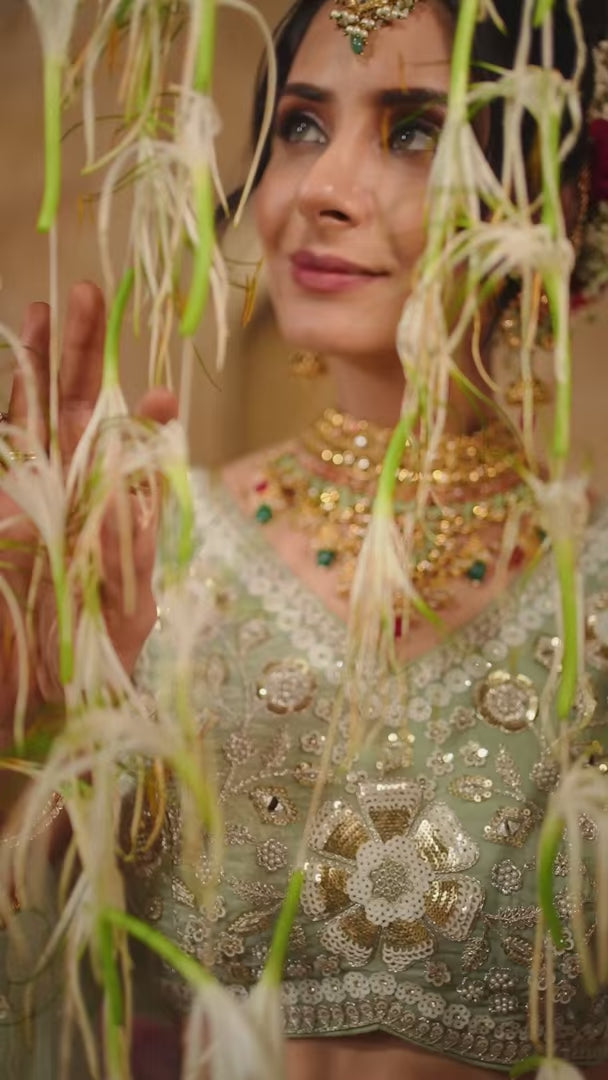 Stunning Tissue Lehenga with Net Dupatta & Stone Work – Pista Green & Off-White