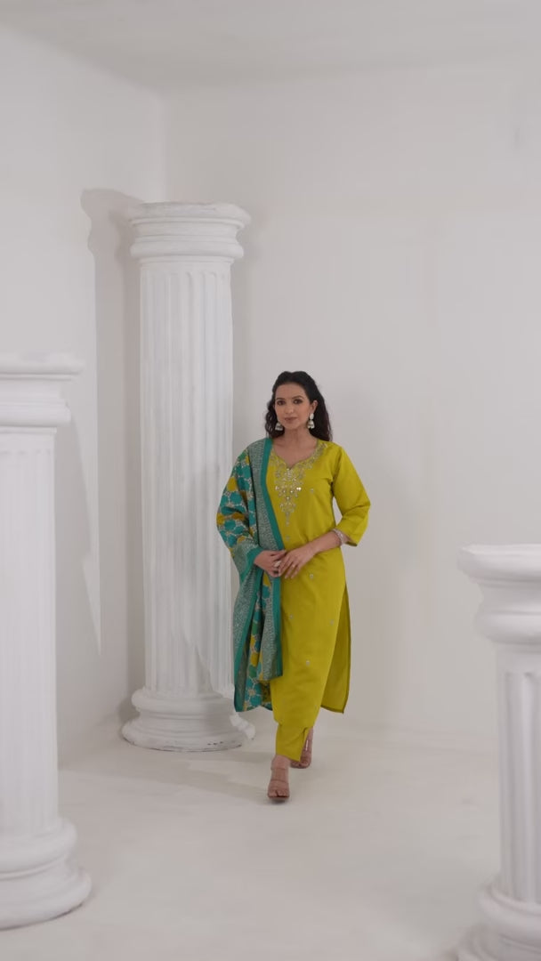 Stylish Yellow Salwar Suit Set in Viscose Chanderi Fabric