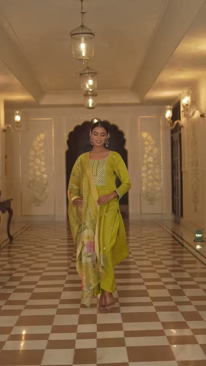 Light Yellow Cotton Silk Suit Set | Embroidery & Floral Printed Design