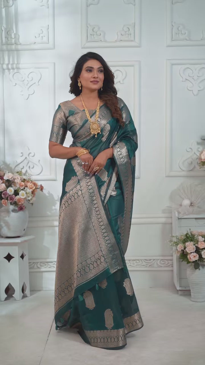 Luxurious Organza Saree | Wevon Gold Jari Embellished for Royal Look
