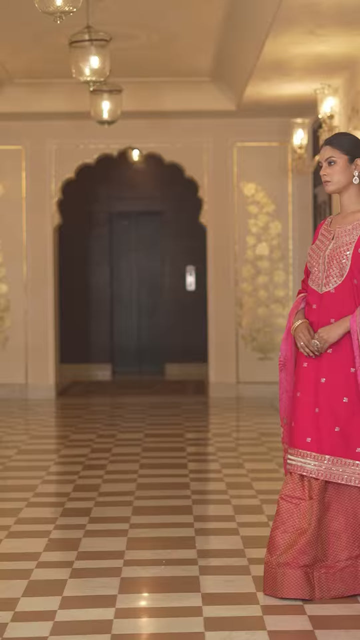 Stylish Rani Pink Rangoli Silk Salwar Kameez | Embroidered Work & Crepe Bottom