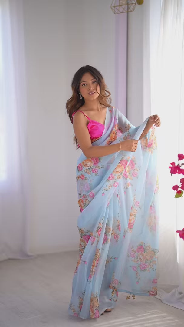 Sky Blue Organza Saree with Art Silk Blouse Designer Party Wear