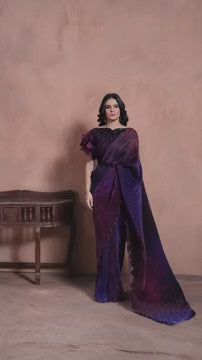 Violet Satin Silk Saree with Digital Print & Hand Work