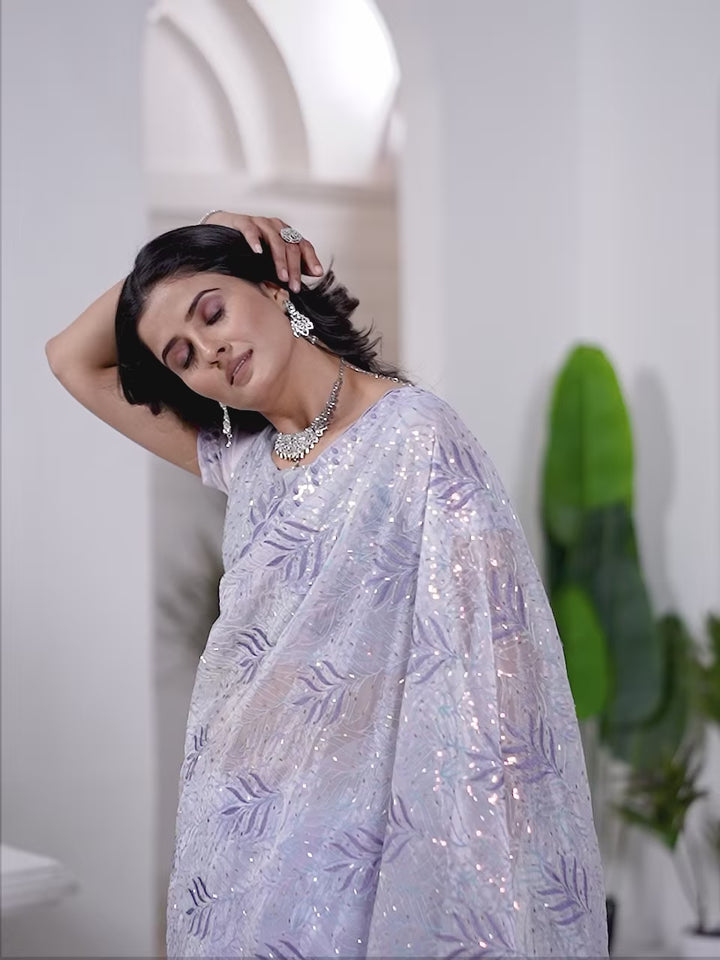 Tissue Net Saree | Designer Multi-Thread & Sequins Cut Work Embroidery