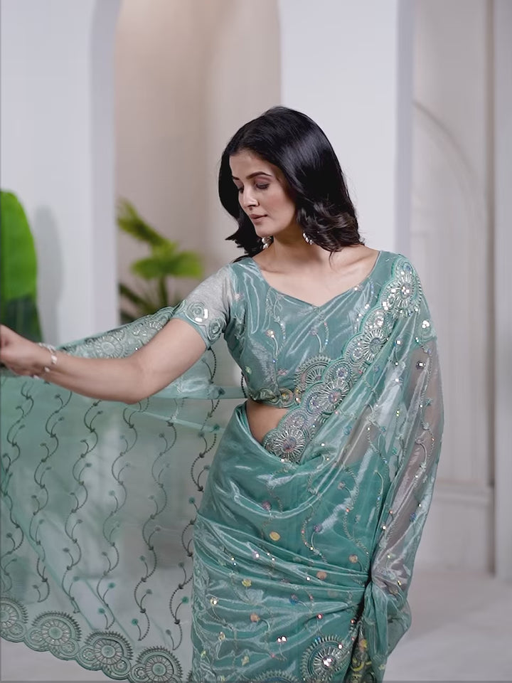 Designer Tissue Net Saree | Elegant Embroidery Work Wedding Special