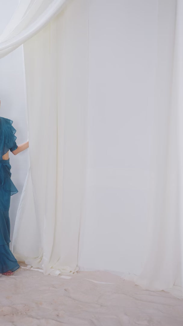 Stunning Teal Blue Organza Saree | Designer Hand Work for Women