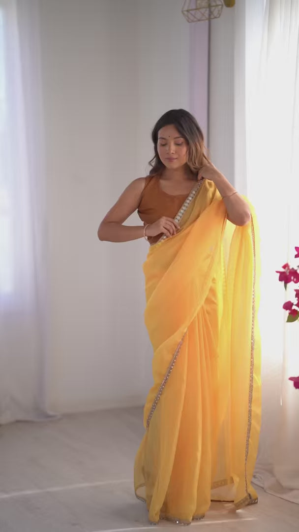 Designer Mustard Organza Saree for Party & Festive Wear